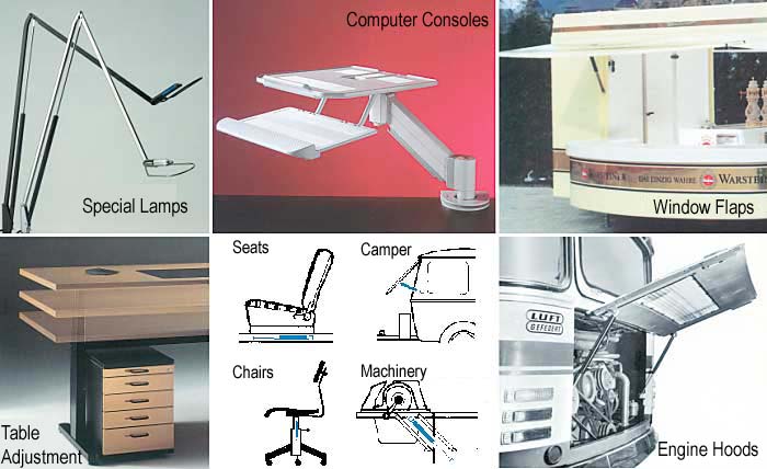 Special applications of gas springs include lamps, seats, window flaps, computer consoles, automotive, marine and aircraft